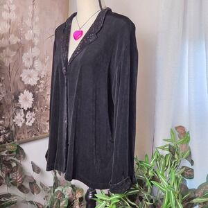 Chicos Travelers Black Slinky Knit Button Front Cardigan Floral Trim Size 3 XL
